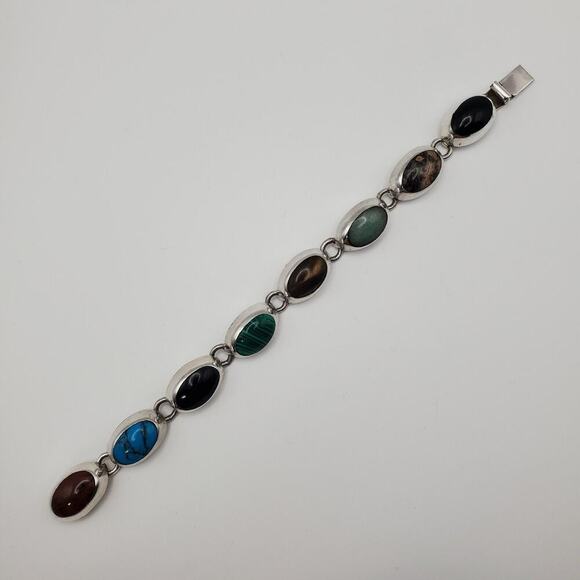 Vintage Taxco Mexico 925 Sterling Silver Multi Gemstone Bracelet 7 Inch 8 Gems - Picture 2 of 11